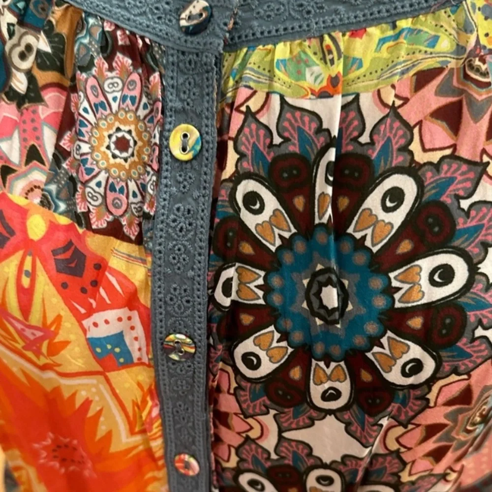 Johnny Was Kaleida Zenovia Silk Patchwork Midi Dress Size L Boho Tiered - Picture 13 of 14